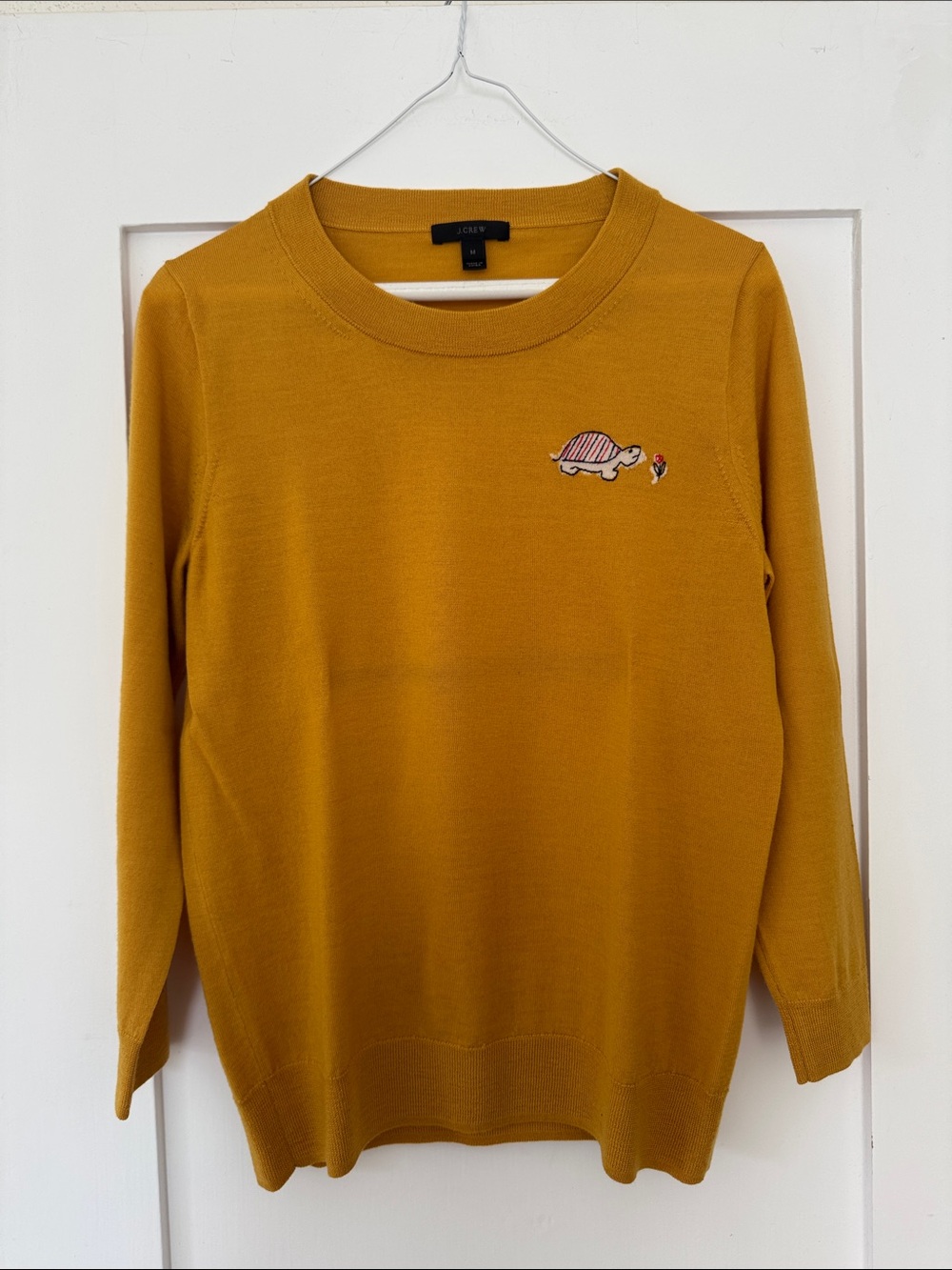 J. Crew Mustard Crewneck Sweater with Turtle Patch